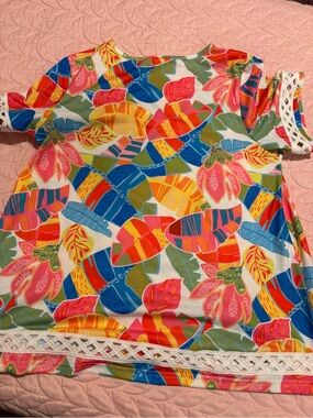 Women Floral Tropical Print Shirt with Lace Trim - Multicolor